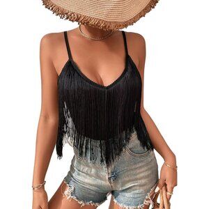Women's Black Fringe Tank Top Western Festival Clothing Cowgirl V Neck Outfits